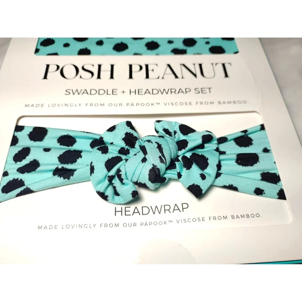 Posh Peanut Pebbles Swaddle Blanket‎ Headwrap Bow Set Teal Black Dots Cheetah